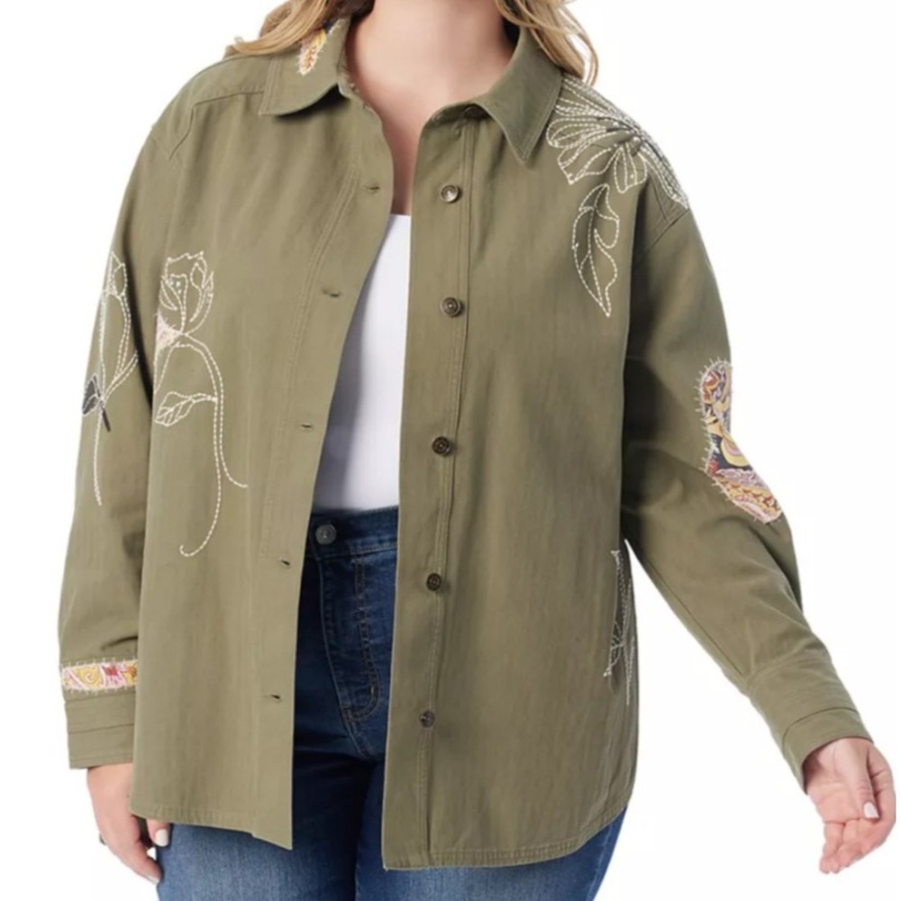 Jessica Simpson Shacket womenโ 2X Olive Gr3een Embroidered Flowers Long Sleeves